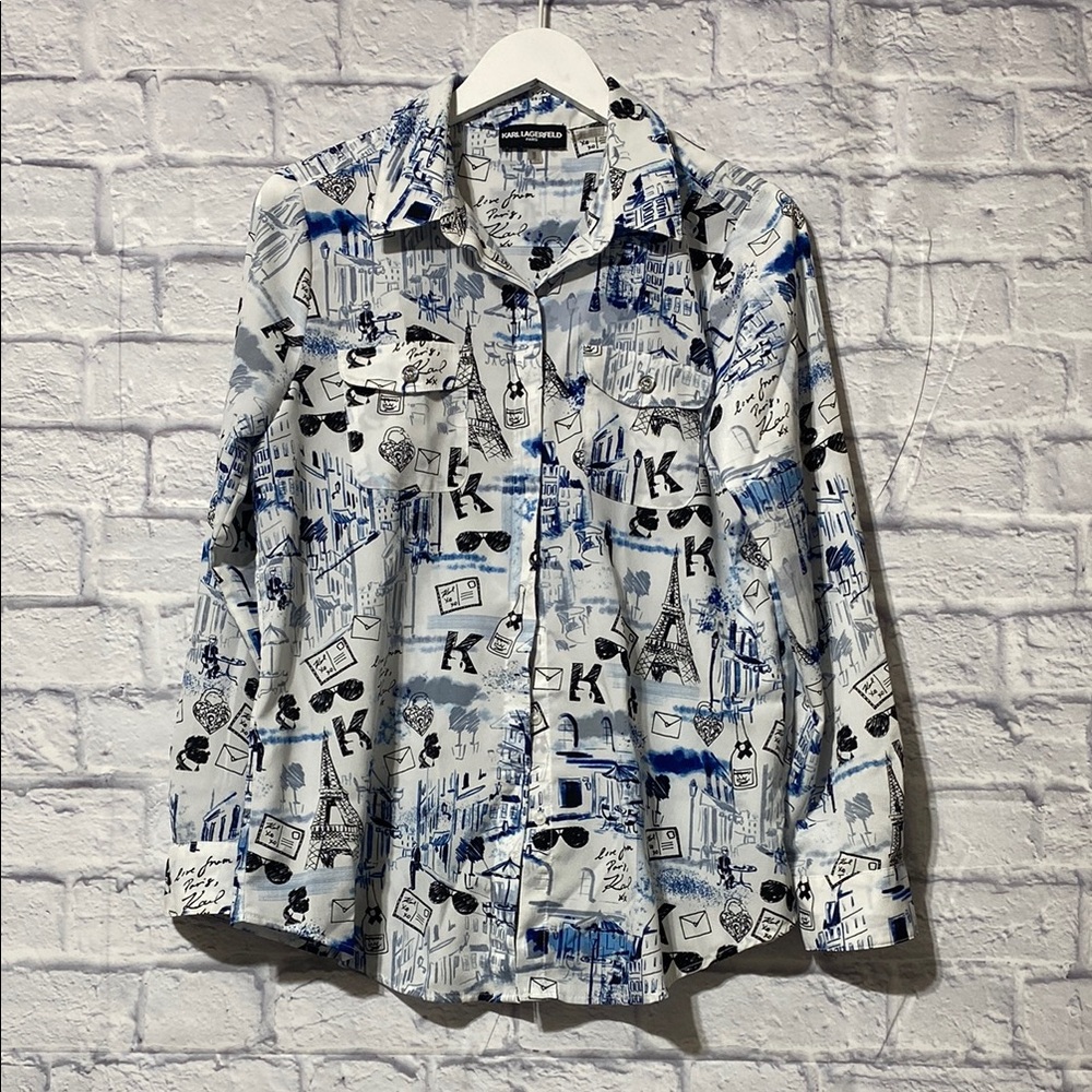 Karl Lagerfeld Women's Graphic Button Down Shirt - White and Blue